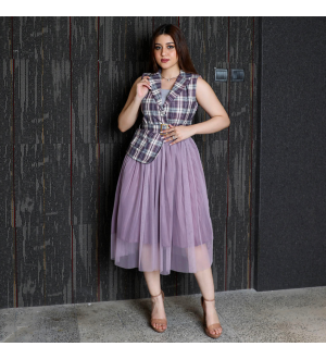 Elegant Lilac Checkered dress with tulle
